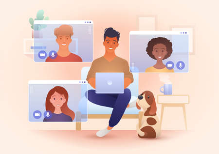 A group for young smile people video call in their own living rooms. Online friends meeting, Work from Home, Remote work, teleconference, New normal. Conceptual vector illustration.のイラスト素材