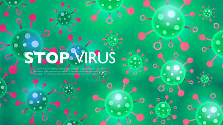 Stop Pandemic Novel Coronavirus Banner. Abstract textured virus flat art microbe on green background. Medical healthcare and microbiology concept. Vector design illustration template.のイラスト素材