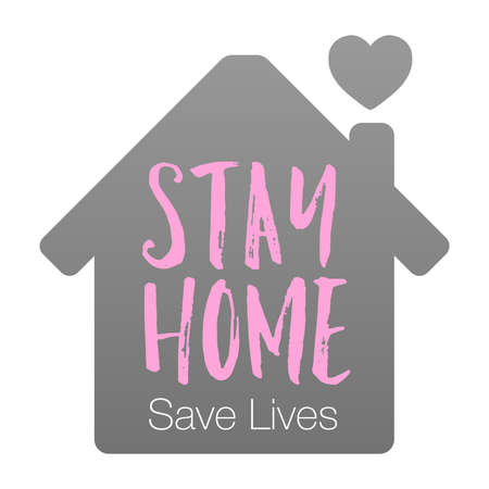 Stay Home Save Lives slogan with house and heart on a chimney sign. Self quarantine symbol and icon. COVID-19 or coronavirus protection campaign vector illustration.のイラスト素材