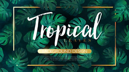 Luxury tropical leaves background with golden frame. Hand drawn monstera plant vector illustration in watercolor texturedのイラスト素材