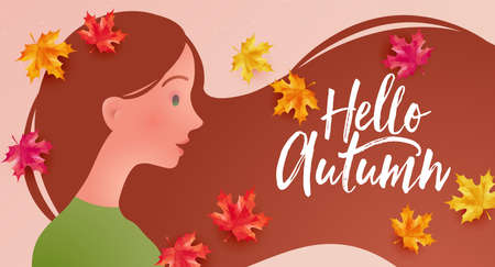 Beautiful girl in maple autumn leaves with flying hair. Hello Autumn concept vector illustrationのイラスト素材