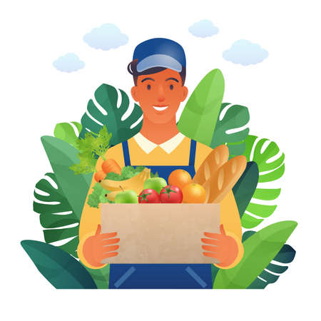Happy young man carrying grocery items work at farmers market flat cartoon isolated on white background. Family business and agriculture concept vector illustrationのイラスト素材