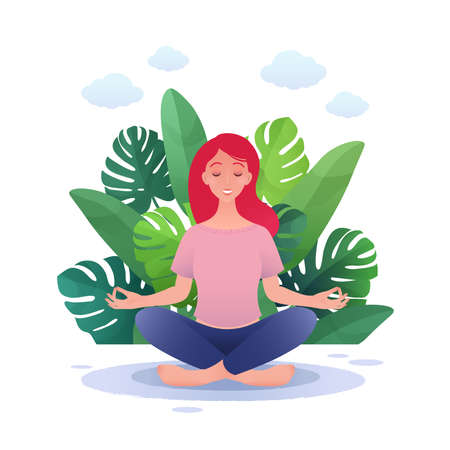 Young beautiful woman practicing yoga in lotus pose outdoor in park cartoon flat. Meditation and state of mind concept vector illustrationのイラスト素材
