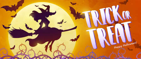 Trick or Treat banner. Pretty witch flies on her broomstick against a orange background of the full moon. Halloween greeting concept. Vector illustrationのイラスト素材