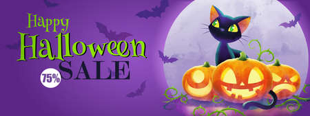 Cat and pumpkins against full moon, Halloween sale banner. Vector illustration. The Halloween greeting conceptのイラスト素材