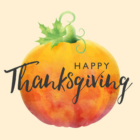 Happy Thanksgiving holiday illustration with hand drown lettering and pumpkin on light background. Autumnal vector design for fall season greeting cardのイラスト素材