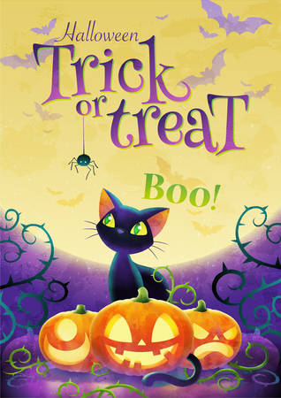 Happy Halloween invitation. Holiday trick or treat poster. Cartoon black cat face pumpkin bat and spider on the full moon background. Greeting card. Watercolor design. Vector illustrationのイラスト素材