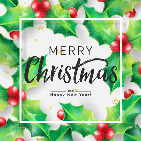 Merry Christmas Background, Decorated by Hollies and Christmas Ornaments. Vector illustration for greeting card, sale promotion poster, flyer, leaflet, web banner and graphic resourcesのイラスト素材
