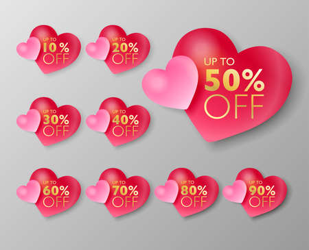 50% off sale tags. Set of 10% through 90% off 3d Pink heart balloon labels for sale promotional marketing. Vector illustrationのイラスト素材