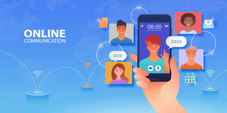 Video conference call of business group meeting via smartphone application. Online communication concept banner with digital world map on the background. Vector illustrationのイラスト素材