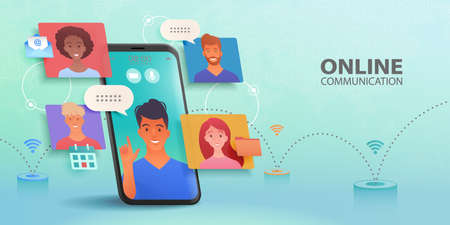 Business group meeting video call via smartphone app. Online communication concept banner with digital world map on the background. Vector illustrationのイラスト素材