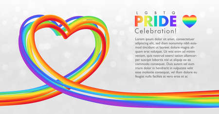 Colorful rainbow heart shape banner for LGBTQ pride celebration. Abstract 3D striped objects on white bokeh background with copy space. Vector illustration template.のイラスト素材