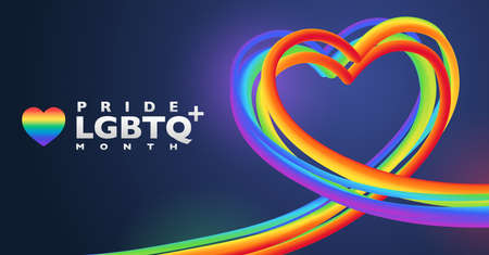 Colorful rainbow heart shape banner for LGBTQ pride month. Abstract 3D striped objects on dark purple background with copy space. Vector illustration template.のイラスト素材