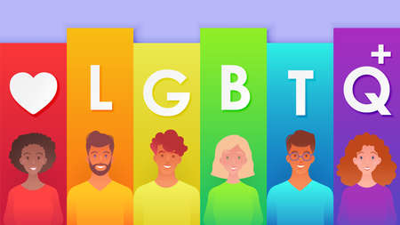 Love LGBTQ+ banner with portraits of young activists wearing rainbow shirts on striped rainbow background for LGBT rights and movements. vector Illustration.のイラスト素材