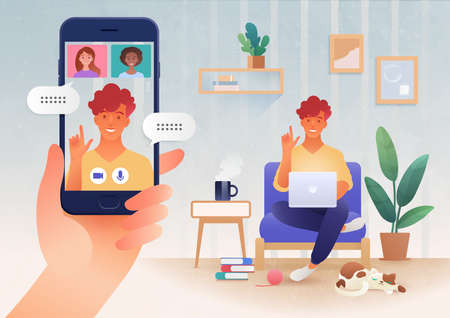 Virtual online communication via video call app between friends using smart devices illustrationのイラスト素材