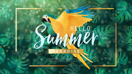 Hello Summer paradise banner with blue and gold macaw on tropical leaf background decorated with golden frameのイラスト素材