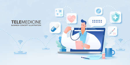 Telemedicine concept banner. Video call with doctor via online technology with flat cartoon character of doctor pops out from a laptop computer and medical iconsのイラスト素材