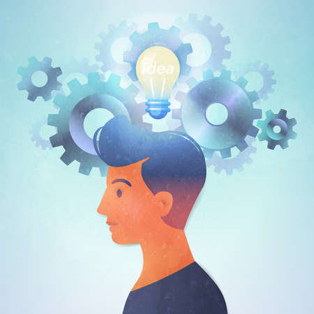 Idea concept vector illustration with glowing and elevating light bulb above man portrait over gears backgroundのイラスト素材