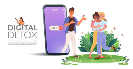 Digital detox concept banner, man retreating from social media and walking out from smartphone to hangout with friends on isolated white background. Vector illustration.のイラスト素材