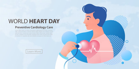 World Heart Day concept. Patient getting heart checkup illustration on blue background. Preventive cardiology care bannerのイラスト素材