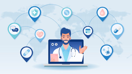 <p>Telemedicine concept vector illustration. Patient consulting doctor using internet online technology through laptop computer around the globe.</p>のイラスト素材