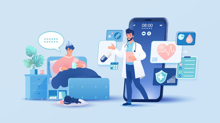 <p>&nbsp;Telemedicine concept vector illustration. Male patient seeing doctor using internet online technology through smart devices.</p>のイラスト素材