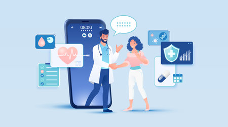 <p>Telemedicine concept vector illustration. Female patient seeing doctor using internet online technology through smart devices.</p>のイラスト素材