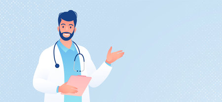 <p>Cartoon character of doctor holding a clipboard on light blue background vector illustration. Healthcare and medicine concept.</p>のイラスト素材
