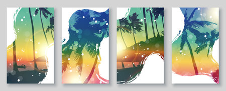 Summer sunset beach background set with palm trees and brush stroke layouts. Vector illustrationのイラスト素材