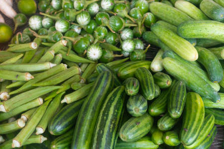 Fresh vegetables and fruits at the local market in Thailand.の写真素材