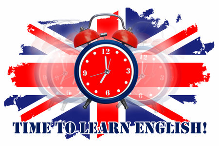 Retro Alarm clock set for 7 am and English flag as an impulse (symbol) to start learning English.の写真素材