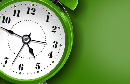 Green retro alarm clock with blank on background for slogan. Perfect for banner, poster or flyer.