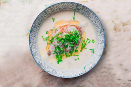 Middle Eastern soup sprinkled with fresh herbs. Delicious meal. Lebanese cuisine.の写真素材