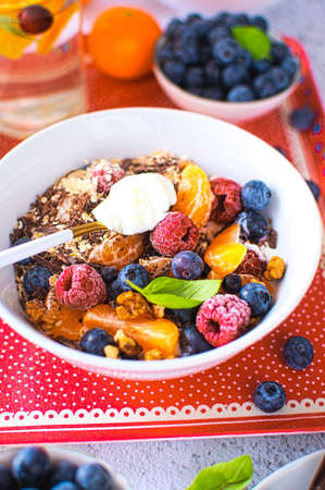 Fruit and chocolate yoghurt with a hint of chocolate. Perfect meal for breakfast.