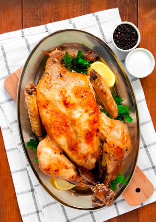 Juicy Oven Baked Chicken. Gourmet meal. Perfect for every occasion. American cuisine.の写真素材