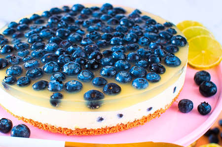 Fluffy cold CHEESECAKE topped with blueberry on coconut base garnished with lemon slices. Gourmet...