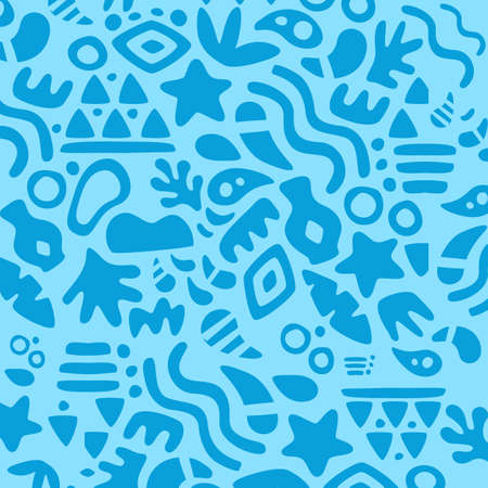 Seamless ethnic African tribal pattern. Handmade. Two-color horizontal pattern on a light blue background for printing on your textiles. Vector illustration.のイラスト素材