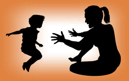 Motherhood. A young mother is playing with her happy child - a young boy. Isolated on an orange background.のイラスト素材