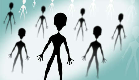 Black silhouettes of spooky aliens and a bright light behind them. The concept of aliens, UFOs....