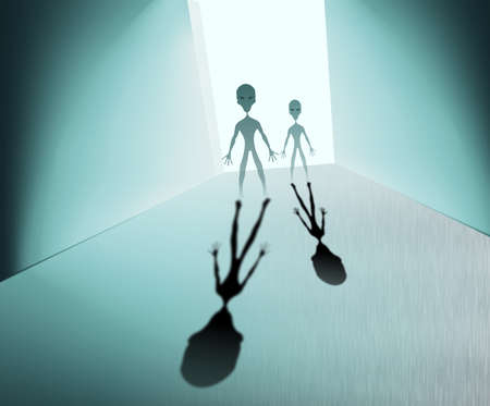 Green silhouettes of spooky aliens and a bright light behind them. Aliens enter the room. The...