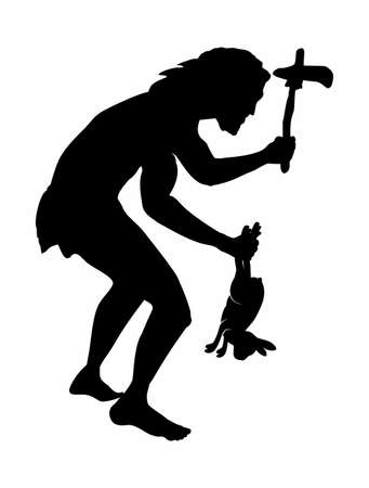 Caveman with a wild rabbit hunted with a stone hammer. Copy space. Black silhouette on a white background. Vector illustration.のイラスト素材