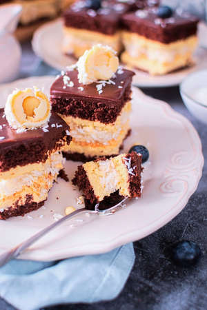 Cappuccino-flavored cake stuffed with coconut flakes decorated with chocolate glaze and berries or...