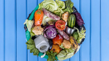 Waste bin with unused food. Food waste as a global problem in the world. Isolated on a blue...