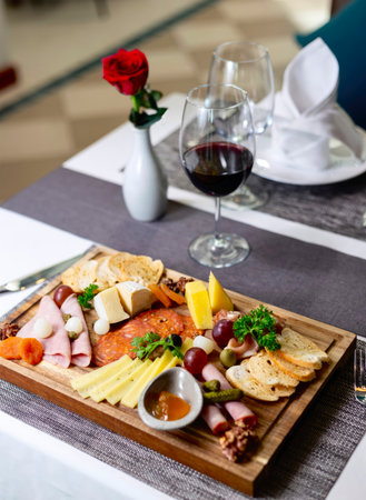 Swedish buffet (cold plate) - assorted kinds of cheese, ham, fruits, walnuts served as a snack or appetizer with red wine. Close-up. Macro. Intercontinental cuisine.の写真素材