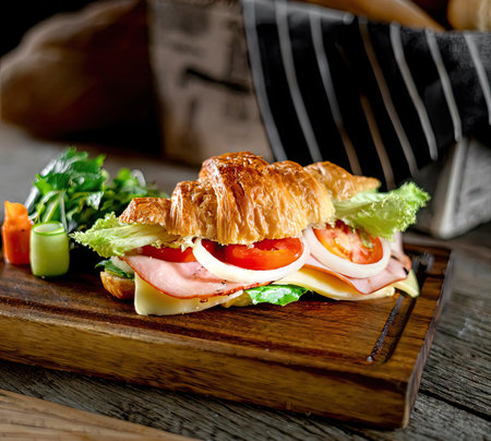 Croissant sandwich stuffed with fresh vegetables, ham, Semi-hard cheese. Close-up. Macro. Isolated on a brown background. Fusion cusine (French-American).の写真素材