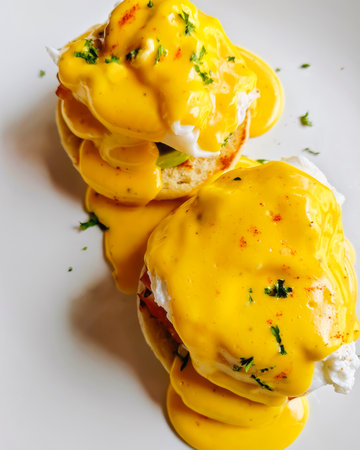 Eggs Benedict on grilled halves of English muffins with bacon, poured with Hollandaise sauce and...