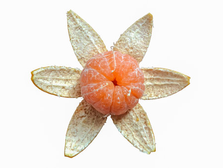 Isolated Sai Nam Phueng Orange peeled with flower shape, six petal, on white backgroundの写真素材