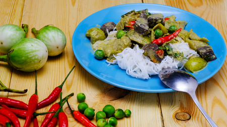 Ingredients for making famous Thai Green Curry with Chicken dish include, red and green chilli, holy basil leaves, kaffir lime leaves, turkey berry, and eggplantの写真素材