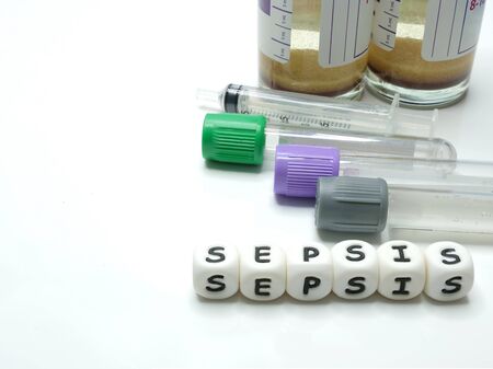 test tubes, a syringe, and hemoculture bottles for taking blood sample for examination in sepsis conditionの写真素材