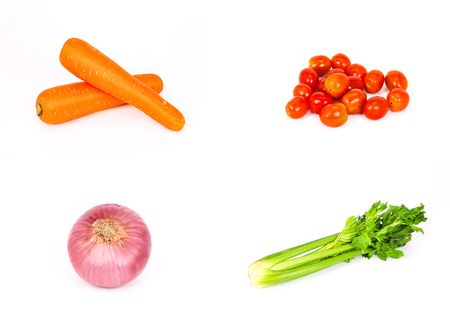 vegetable with high nutritional value such as carrots, tomatoes, celery, and onion, shown in set of four, isolated on white backgroundの写真素材